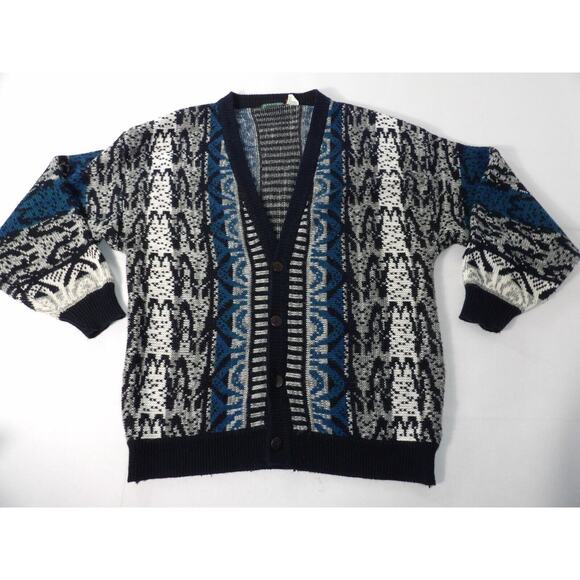 Vintage Stefano Man Cardigan Large Button Up Knit 90s Blue Black 3D Grandpa READ - Picture 2 of 11